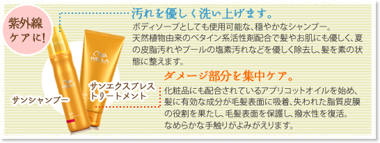 サンシャンプー・サンエクスプレストリートメント。夏の汚れを優しく洗い上げます。夏のダメージ部分を集中ケア。